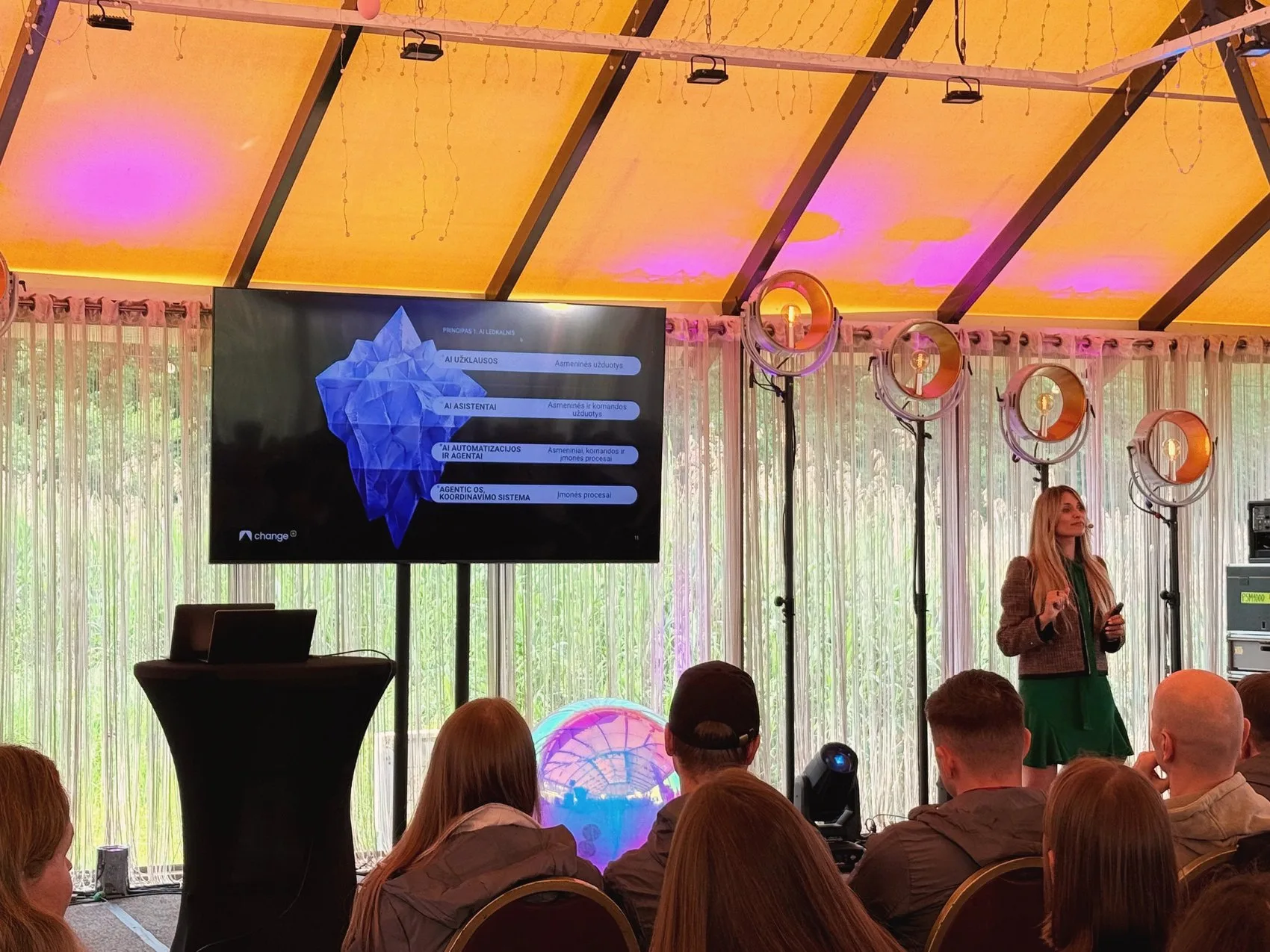 Odeta Isevičiūtė presenting the AI iceberg at a company event