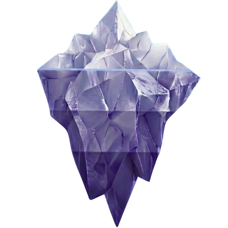 The AI iceberg: a small visible tip above the waterline and three larger layers of value beneath