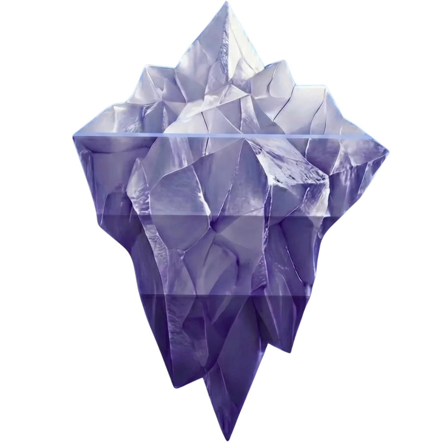 The AI iceberg: a small visible tip above the waterline and three larger layers of value beneath