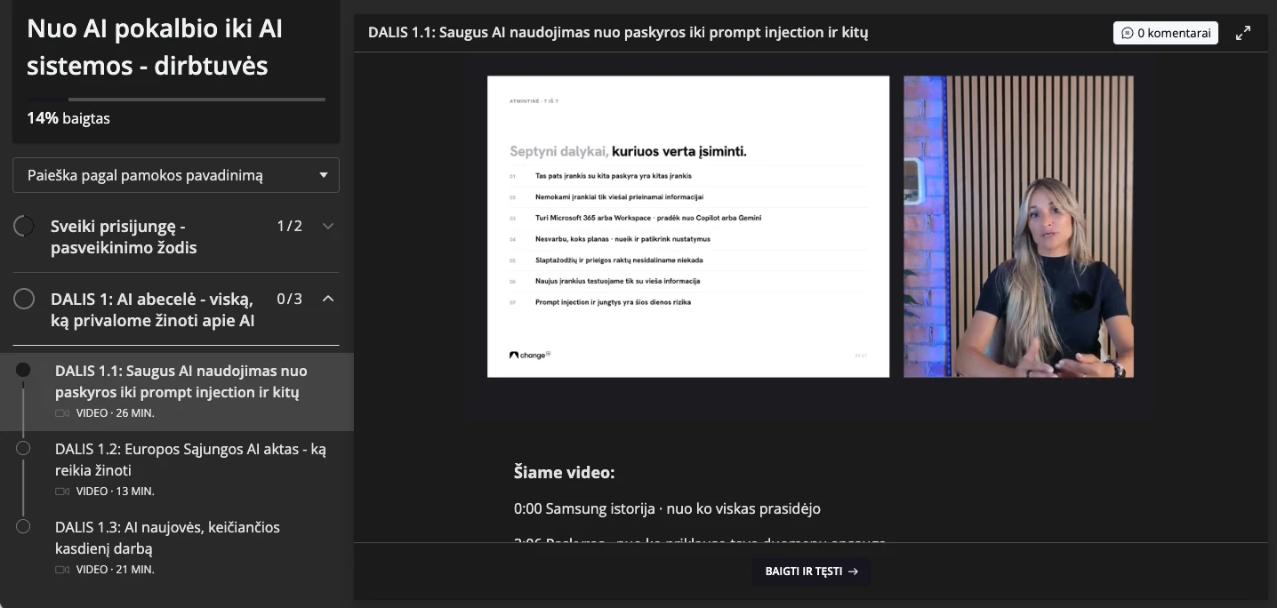 ChangeAI platforma: dirbtuvių pasirengimo pamokos, pamoka apie saugų AI naudojimą